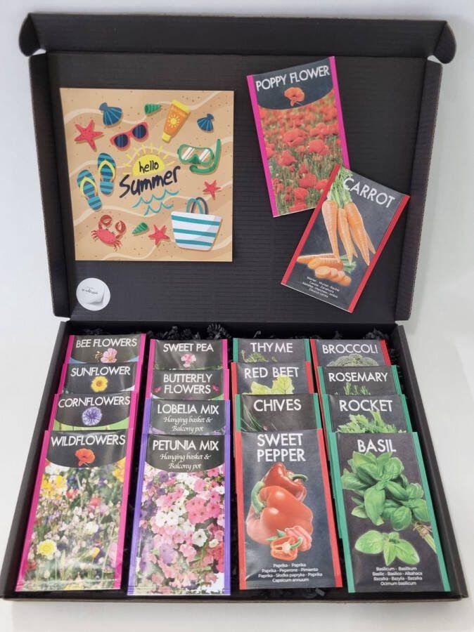 Mystery Cards Zaden Pakket met Mystery Card 'Hello Summer' met jouw eigen persoonlijke videoboodschap. Pakket met 18 verschillende bloemen- kruiden- en groentenzaden in 1 box door de brievenbus. Verjaardag Vaderdag Moederdag