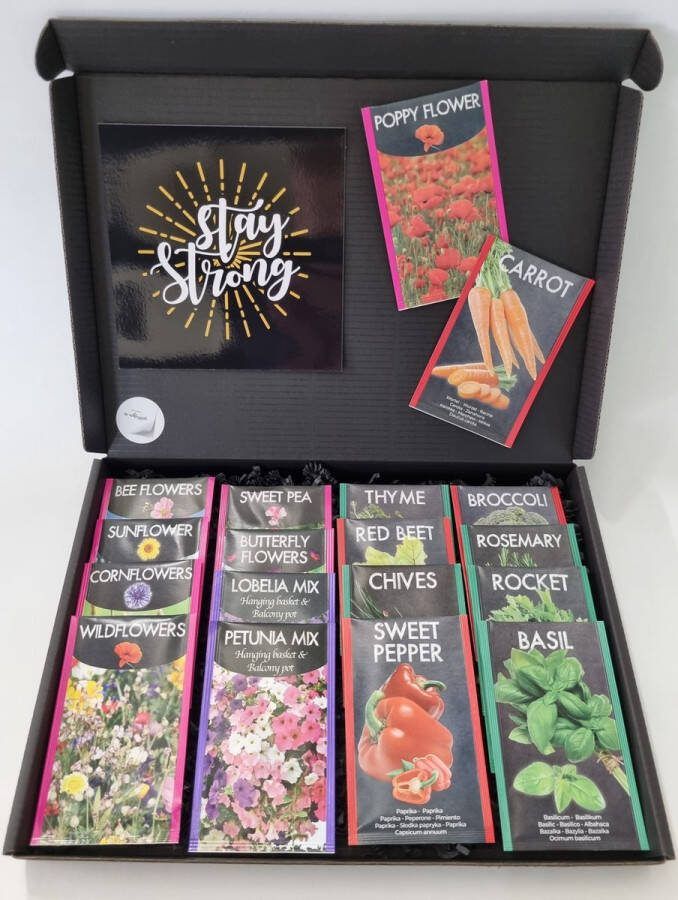 Mystery Cards Zaden Pakket met Mystery Card 'Stay Strong' met jouw eigen persoonlijke videoboodschap. Pakket met 18 verschillende bloemen- kruiden- en groentenzaden in 1 box door de brievenbus. Verjaardag Vaderdag Moederdag