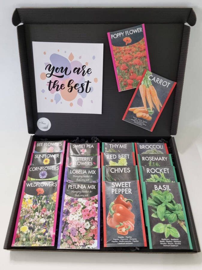 Mystery Cards Zaden Pakket met Mystery Card 'You are the Best' met jouw eigen persoonlijke videoboodschap. Pakket met 18 verschillende bloemen- kruiden- en groentenzaden in 1 box door de brievenbus. Verjaardag Vaderdag Moederdag