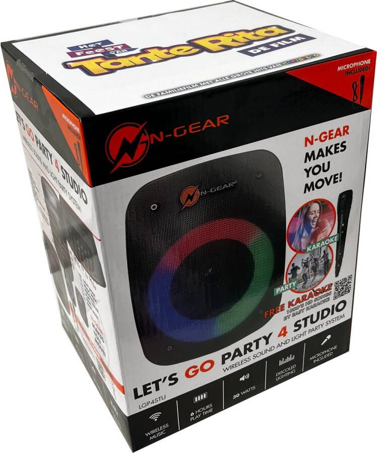 N-GEAR LGP 4 Studio – Het Feest van Tante Rita Editie Draadloze Bluetooth Party Speaker Karaoke Set inclusief 1 microfoon (met snoer)- Discoverlichting – Minidisco – USB stick met meezing liedjes uit de film Tante Rita