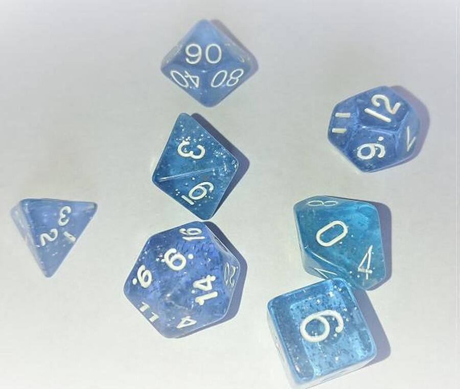 N00b Polydice set 7 stuks Polyhedral dobbelstenen set dungeons and dragons dnd dice| D&D Pathfinder RPG Blauw doorzichtig glitter