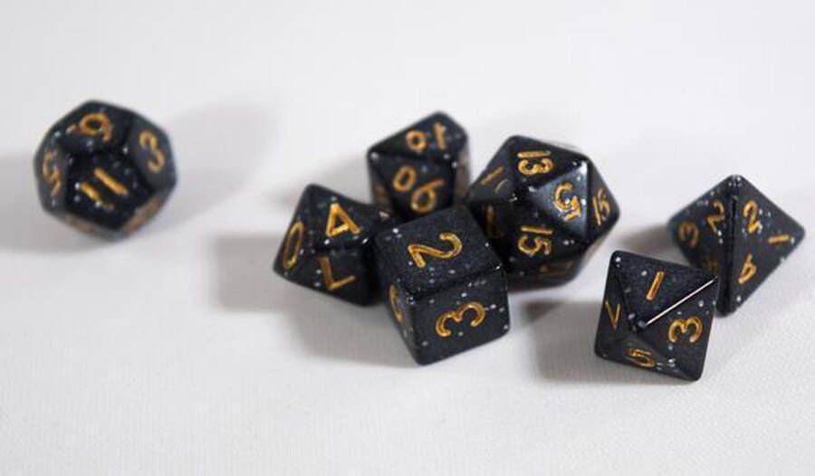 N00b Polydice set Polyhedral dobbelstenen set 7 delig Set van 7 dice dungeons and dragons dnd dice D&D Pathfinder RPG DnD Zwart Black -galaxy (gespikkeld)