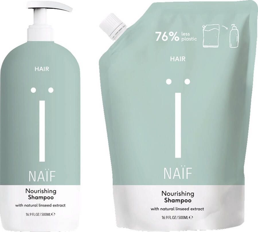 Naïf Voedende Shampoo Pompfles en Navulverpakking Refill 2x500ml Haarverzorging met Natuurlijke Ingrediënten