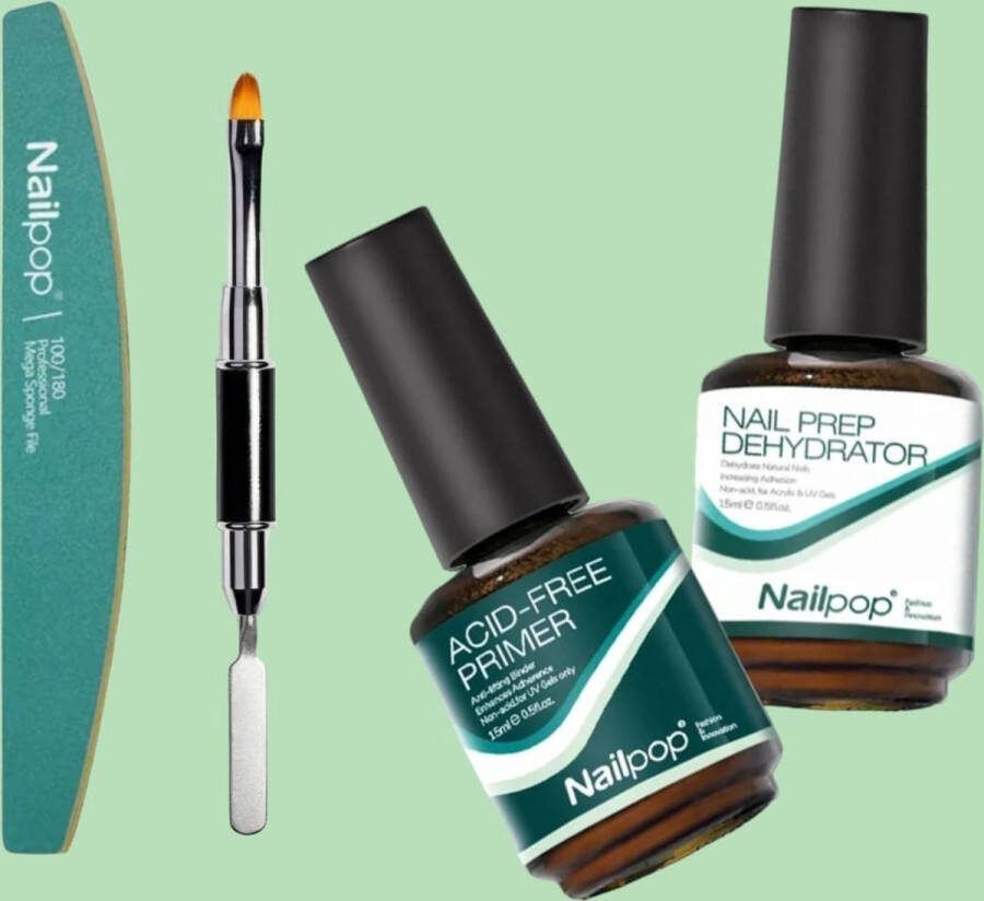 Nailpop Nagel Primer Nagel Primer acid free primer acryl gel primer 15ml + nail prep dehydrator 15ml + nagelvijl + Polygel tool Nail art Gel penseel 2 in 1 Met spatel Duo penseel Nail art tools Nagel kwast