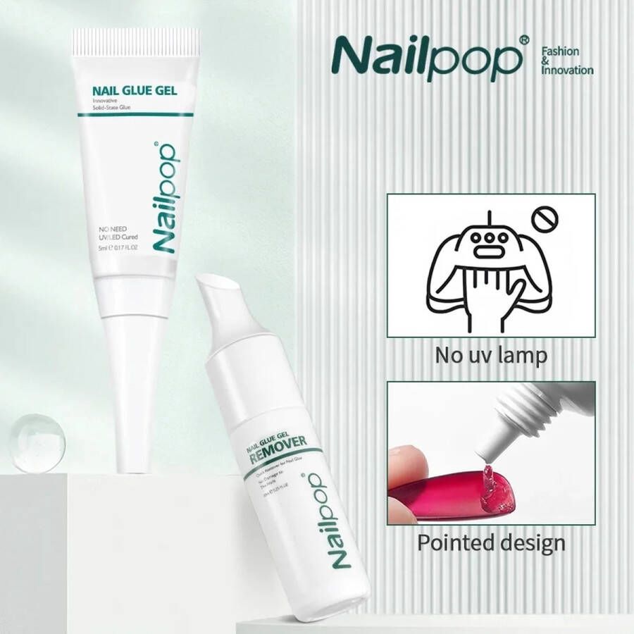 Nailpop Nagellijm voor nepnagels nagellijm voor Tips nagelijm remover 10ml nagel remover 5 ml Nagellijm Quick Drying Solid Nail Glue with Remover for Press On Nails Tips Nail remover Nail Glue