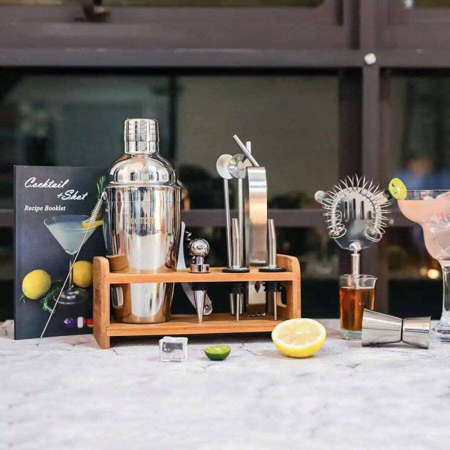 Naiz Cocktail set 13 stuks Barset Met houtenrek Rvs Cocktail shaker