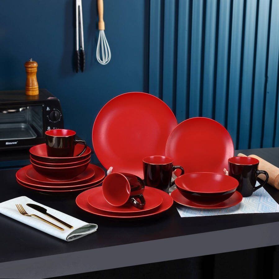 Naiz Servies set 16-delig Rood zwart Dinerbord Dessertbord Kom Mok 4 personen