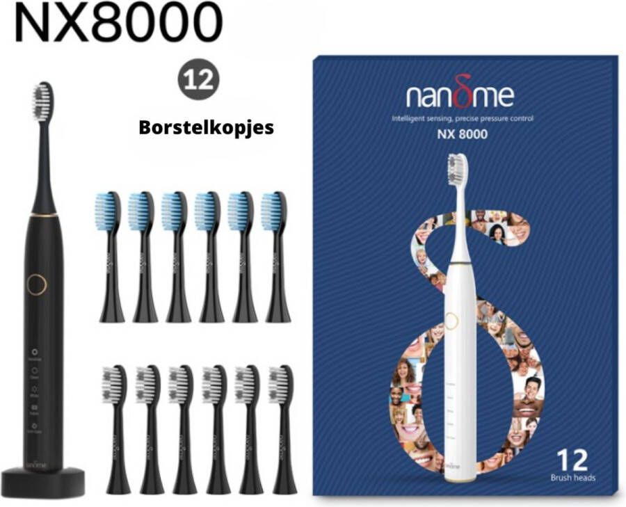 Nandme NX8000 Smart Sonic Elektrische Tandenborstel Oplaadbaar 12 Extra Borstels ZWART