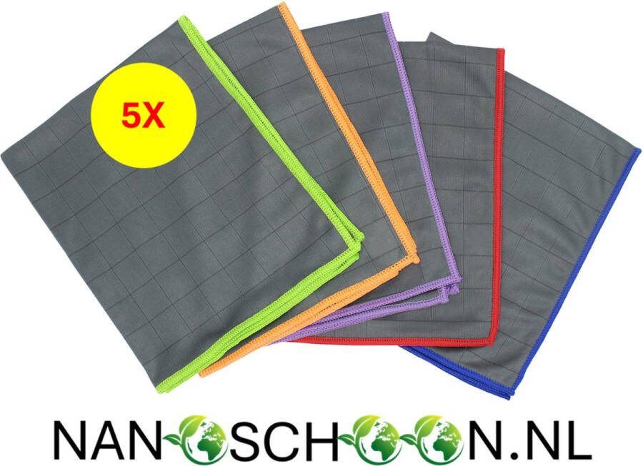 NANOSCHOON CARBON Poetsdoek Vaatdoek Microvezeldoekjes Stofdoek Streep loze schoonmaak Ramen Marmer RVS Droogdoek Anti statisch Huishouden Auto poetsen Set 5 stuks 40X50 CM. Super sterk tot 500 x wassen!!