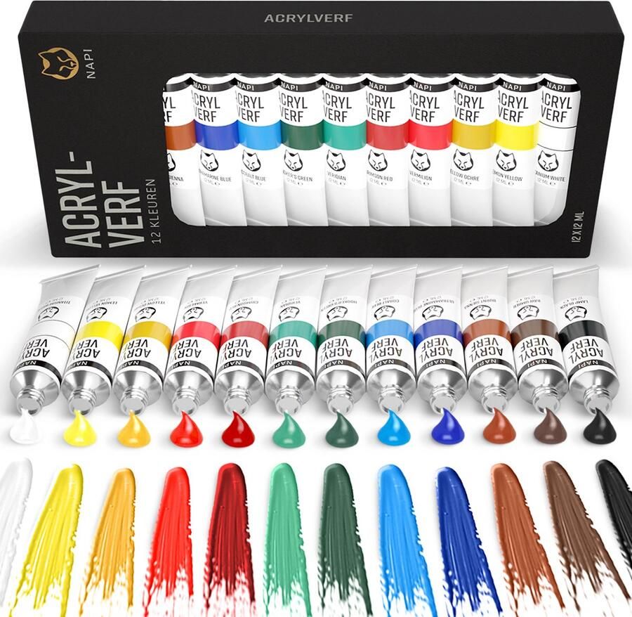 NAPI Acrylverf 12 Tubes + Kleurencirkel Hobbyverf Set 12ML Tubes Schilderen Acryl Verf 12 Kleuren