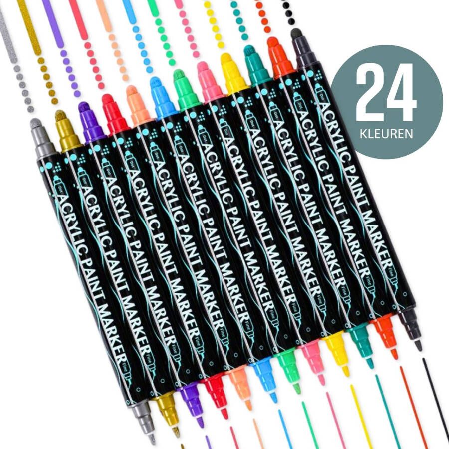 NAPI Verfstiften 24 Kleuren Acrylstiften Dual Tip Stiften Voor Volwassenen en Kinderen Incl. 2 Mandala Sjablonen Happy Stones