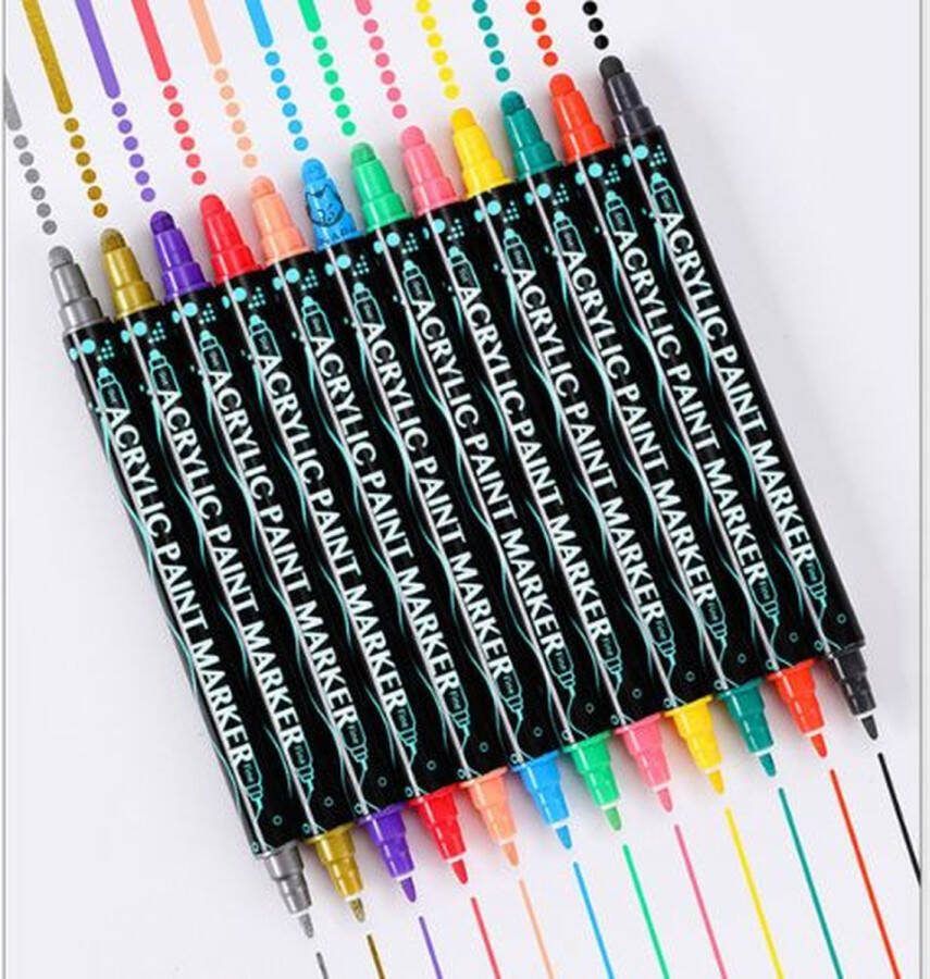 NAPI 12 Acrylstiften Dual Tip Twinmarkers Verfstiften Happy Stones Stenen Schilderen met Acryl Verf Marker Stiften Volwassenen en Kinderen Incl. 2 Mandala Sjablonen