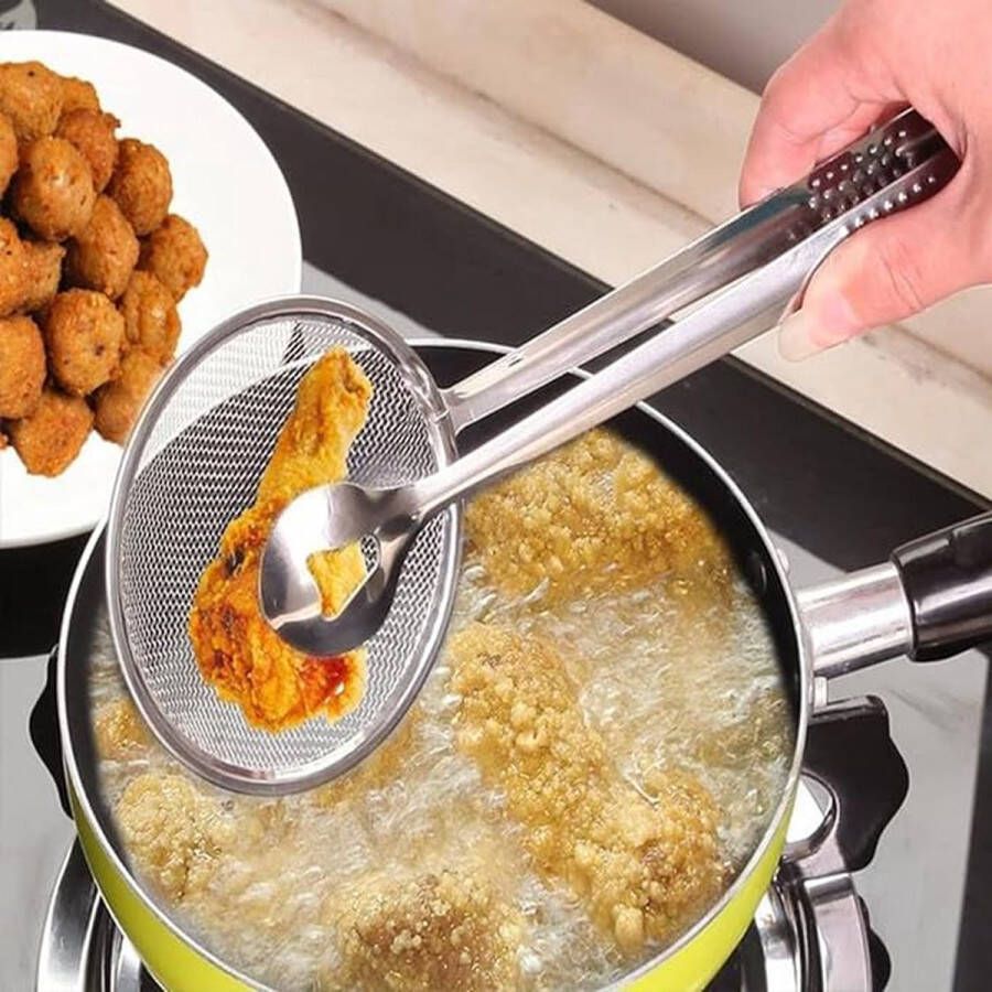 Narimano Rvs Vergriet Eef Gebakken Voedsel Zeeven Multifunctionele Filter Lepel Met Clip Tang -Voor Keuken Oliefrituren Koken BBQ Gereedschap