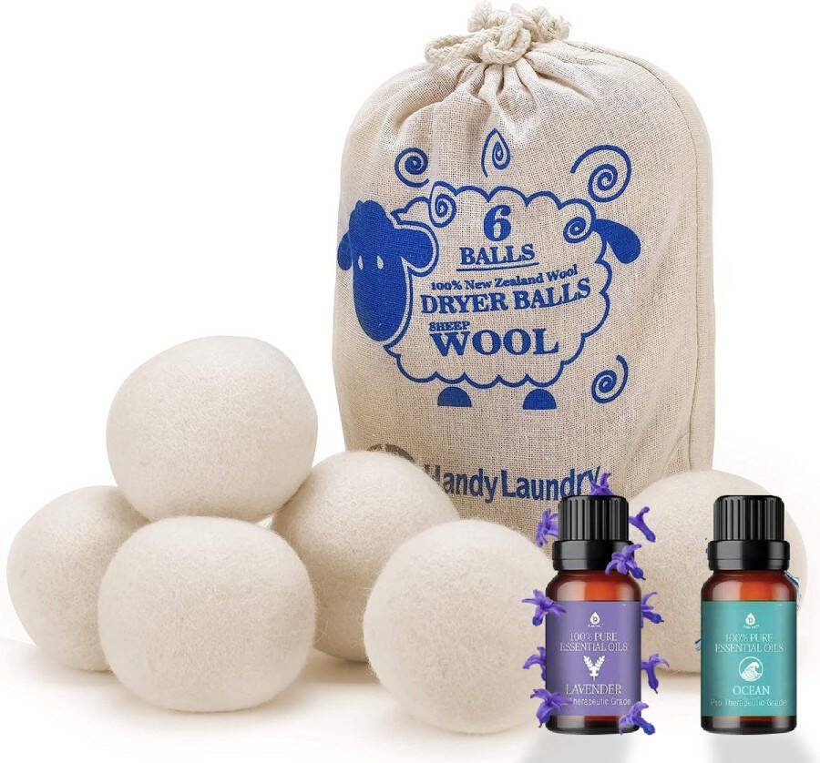 Narlix 6XL Drogerballen Voor Wasdrogers Droogballen Wasbollen Gemaakt van 100% Nieuw-Zeelandse Schapen Wol Incl. 2 Etherische Oliën Wasdrogerballen Wit
