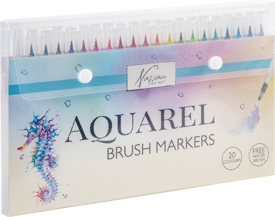 Nassau Fine Art Aquarel Penseelstiften | 20 kleuren | 1 waterbrush | Aquarel verf voor volwassenen Bullet journal Handlettering set Fineliners