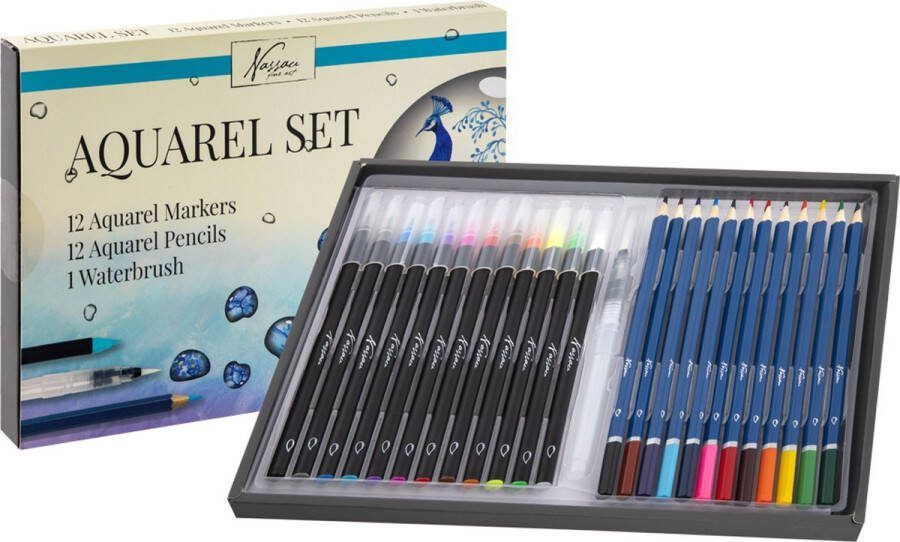 Nassau Fine Art Aquarelset Startersset | 12 Aquarelmarkers | 12 Aquarelpotloden & 1 Waterbrush | Aquarelleren voor kinderen en volwassenen