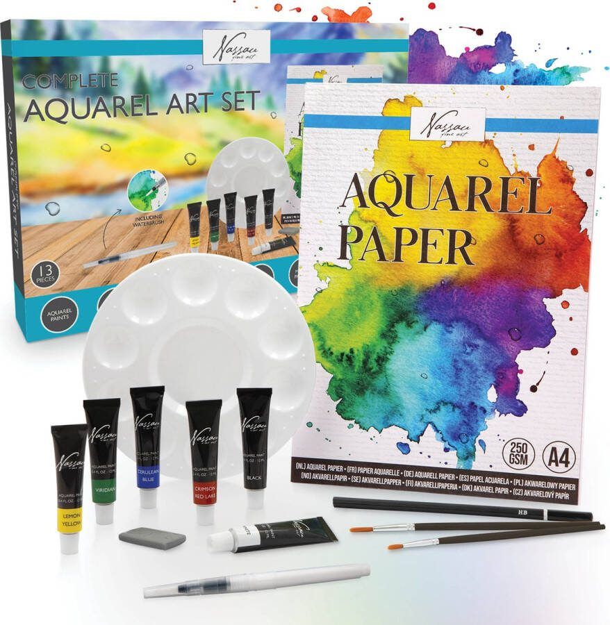 Nassau Fine Art Aquarelverf Set Compleet 13-Delig Aquarelpapier Blok A4 Aquarelverf Tubes Aquarel Penselen Hobbyverf HB Potlood Waterbrush Schilderpalet