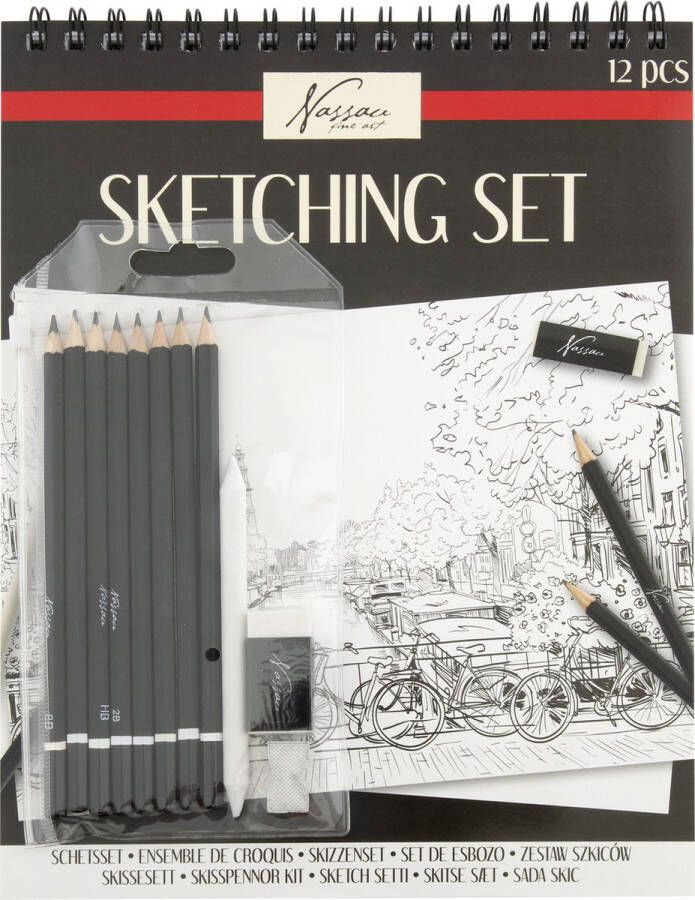 Nassau Fine Art Complete Sketching Set – Professionele Tekenset met Schetsblok Grafietpotloden Doezelaar Gum & Puntenslijper – FSC-Certified Schetspapier – Ideaal voor Kunstenaars & Hobbyisten