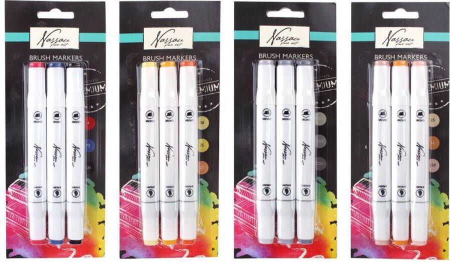 Nassau Fine Art Dual Brush Markers | 4 X 3 verschillende alcoholmarkers Totaal 12 markers