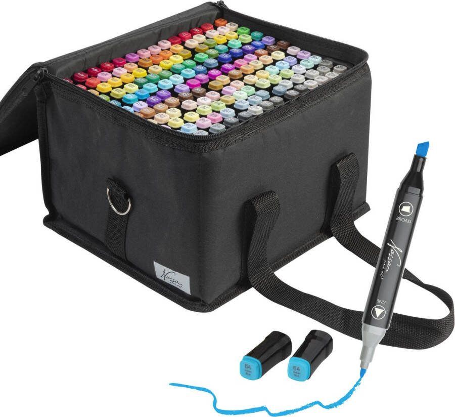 Nassau Fine Art Stiften voor Volwassenen 168 Alcohol Markers Tekenen & Kleuren Duurzame Kleurstiften voor Kinderen en Volwassenen Ideaal voor Kleurboeken en Hobby & Creatief Projecten Inclusief Stiften Nassau Opbergtas