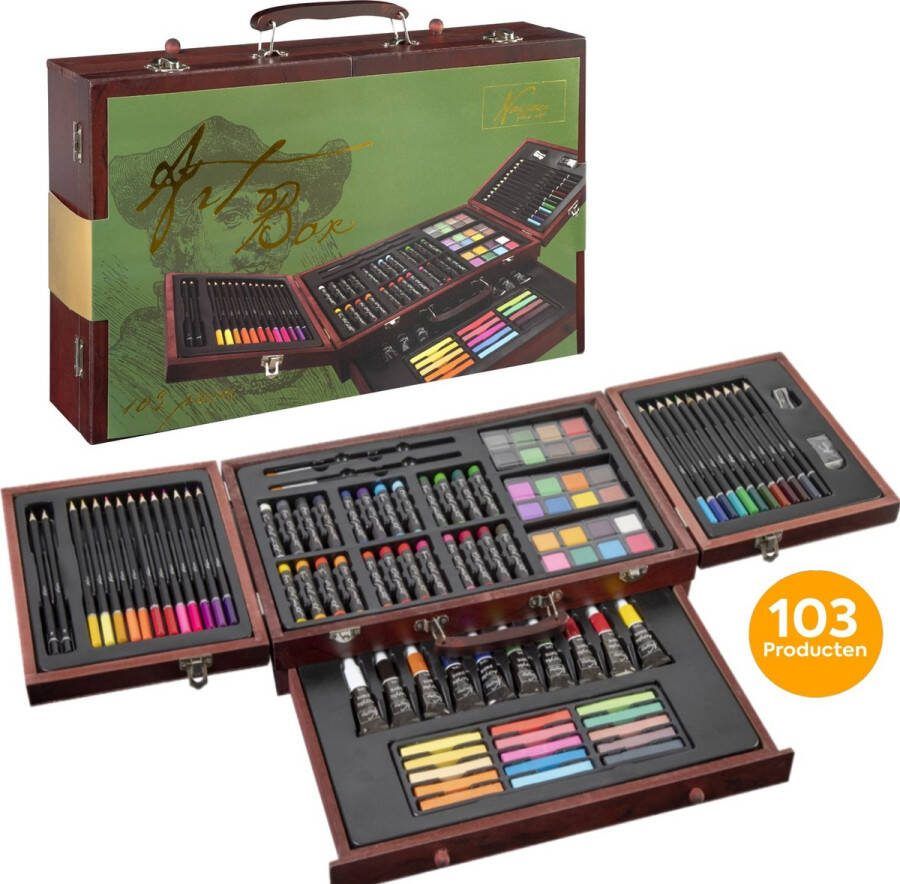 Nassau Fine Art luxe kunst schilderskoffer tekenkoffer | 103-delig | Inhoud: kleurpotloden puntenslijper gum grafietpotloden tortillon pastels acrylverf penselen aquarelverf oliepastels