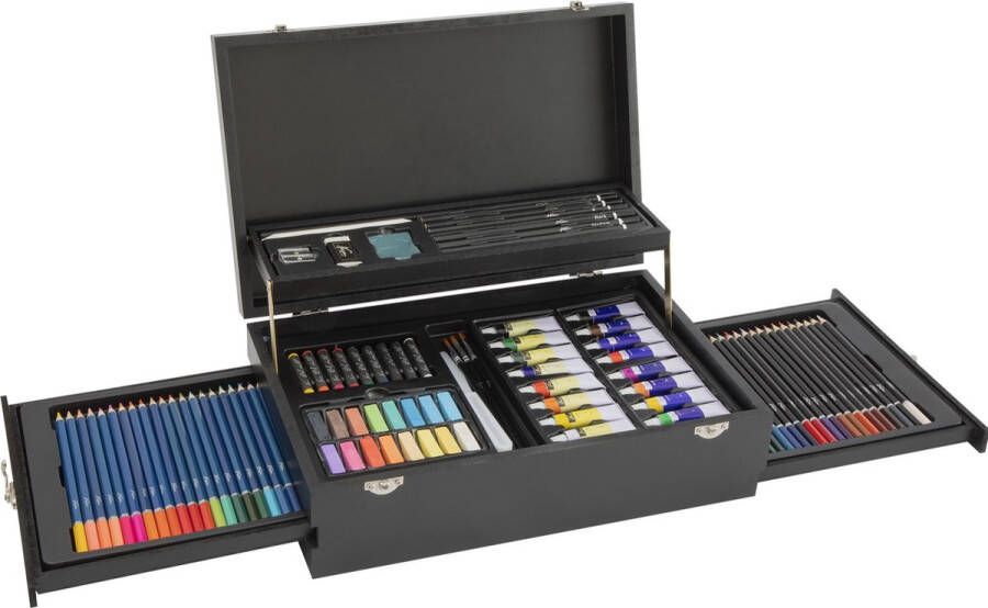 Nassau Fine Art Luxe Schilderskoffer Complete 115-delige Set voor Kinderen en Volwassenen Aquarelverf Acrylverf Kleurpotloden en Meer Prachtige Houten Opbergkoffer Ideaal Cadeau voor de Feestdagen