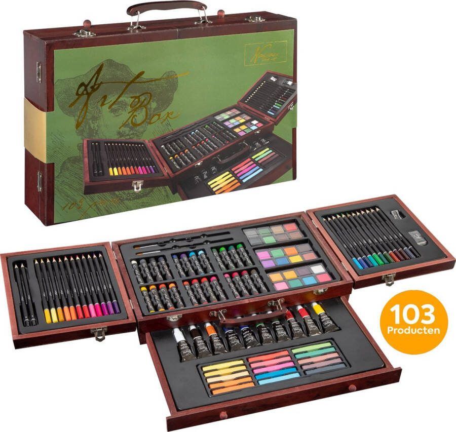 Nassau Fine Art Schilder- & Tekenkoffer 103-delig | In Houten koffer | Professionele kwaliteit | Schilderen en tekenen voor beginners en ervaren kunstenaars | Tekenset
