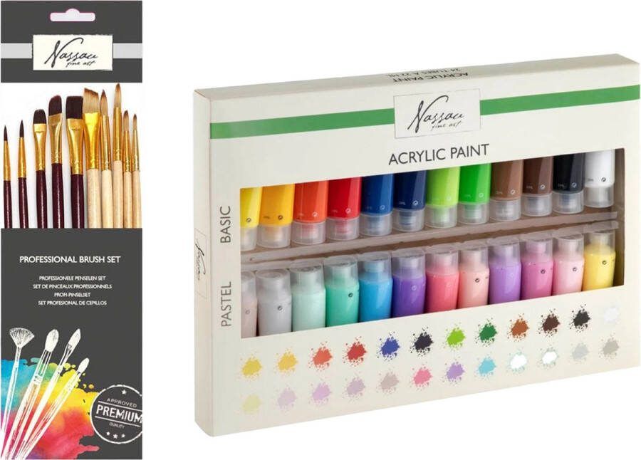 Nassau Hobby Acrylverf schilderset 24x gekleurde tubes van 22 ml met 10x schilderpenselen