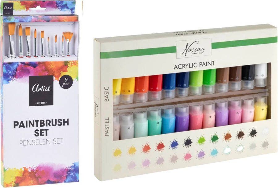 Nassau Hobby Acrylverf schilderset 24x gekleurde tubes van 22 ml met 9x schilderpenselen