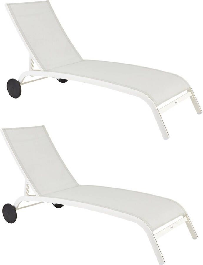 Naterial NATERIAAL Set van 2 ligstoelen LYRA II 2 x ligstoelen met verstelbare rugleuning 207x63x95 cm 4 posities Met wielen Vast in aluminium Textilene Wit