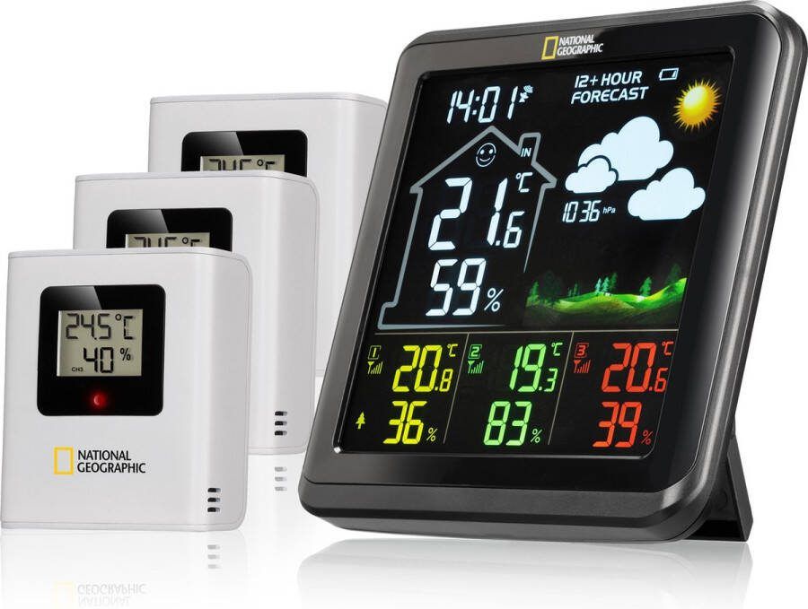 National Geographic Weerstation VA-Kleurendisplayweerstation incl. 3 sensoren Met Weersvoorspelling Alarmfunctie etc