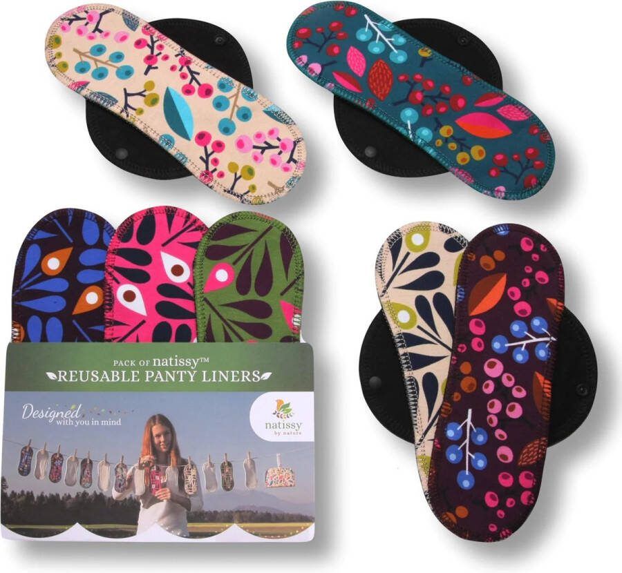 Natissy wasbare inlegkruisjes zonder lekdicht laagje set 7 stuks bessen en pauwen print zonder plastic biologische katoen dun en soepel voor dagelijks gebruik herbruikbaar zero waste