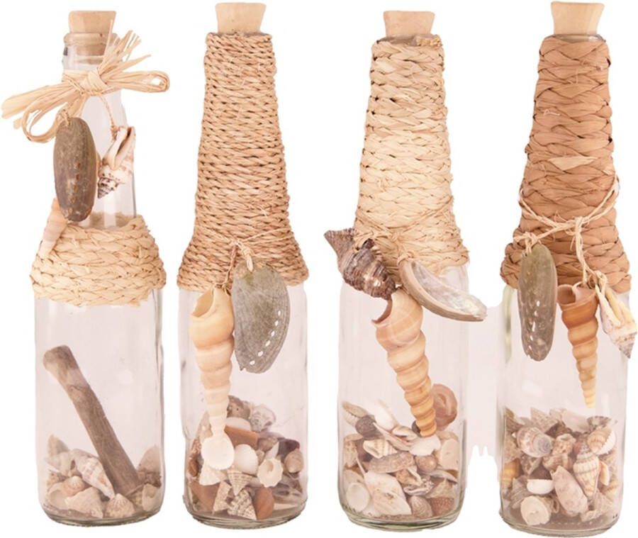 Naturel Collections Fles glas met schelpen en label 24x7x7cm(1 stuk)assorti