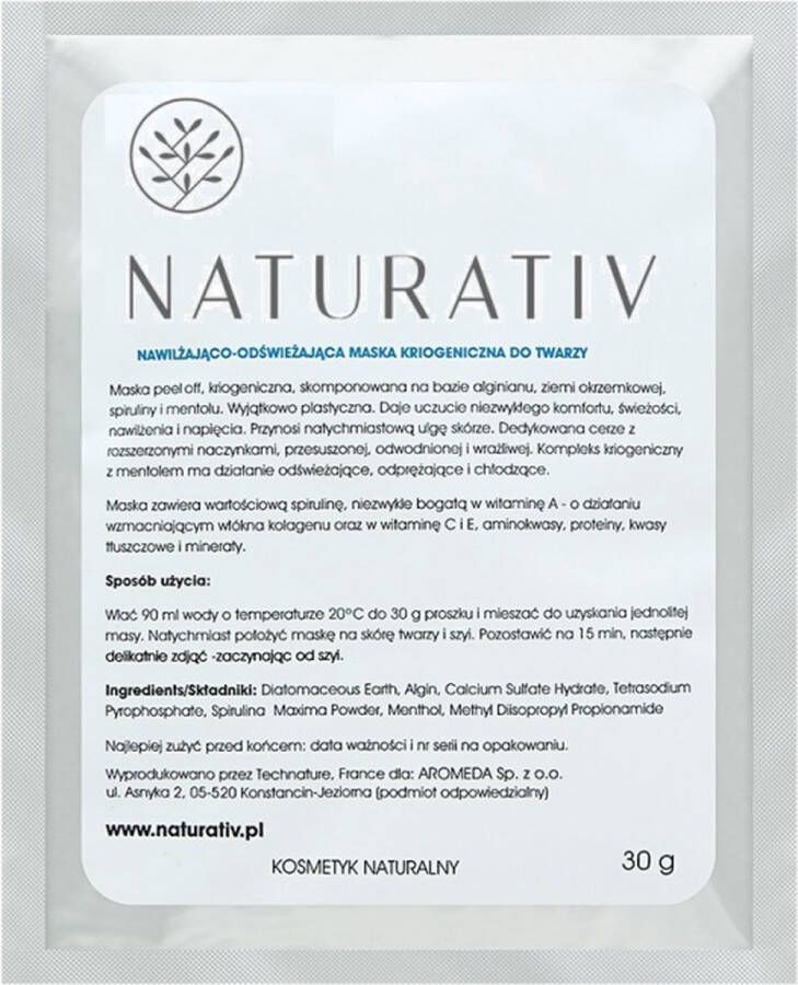 Naturativ Cryogeen Gezichtsmasker Hydraterend en Verfrissend 30g Cryogeen Gezichtsmasker