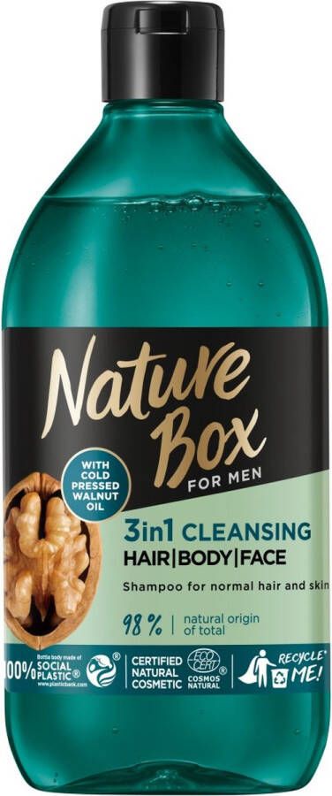 Nature Box For Men Walnut Oil 3in1 reinigende shampoo met 3in1 formule voor gezichts- en lichaamshaar 385ml