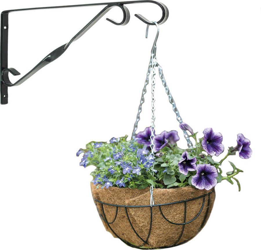 Nature Hanging basket 25 cm groen met klassieke muurhaak donkergroen en kokos inlegvel metaal hangende bloempot set