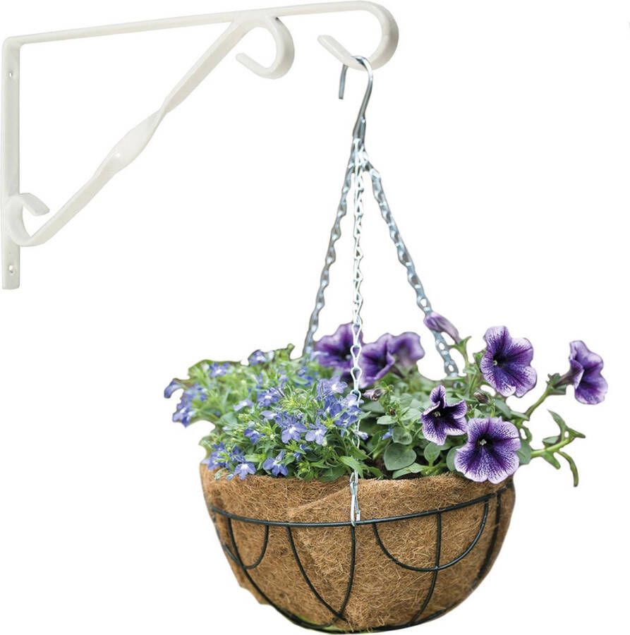 Nature Hanging basket donkergroen 30 cm met klassieke muurhaak wit en kokos inlegvel metaal hangende bloempot set