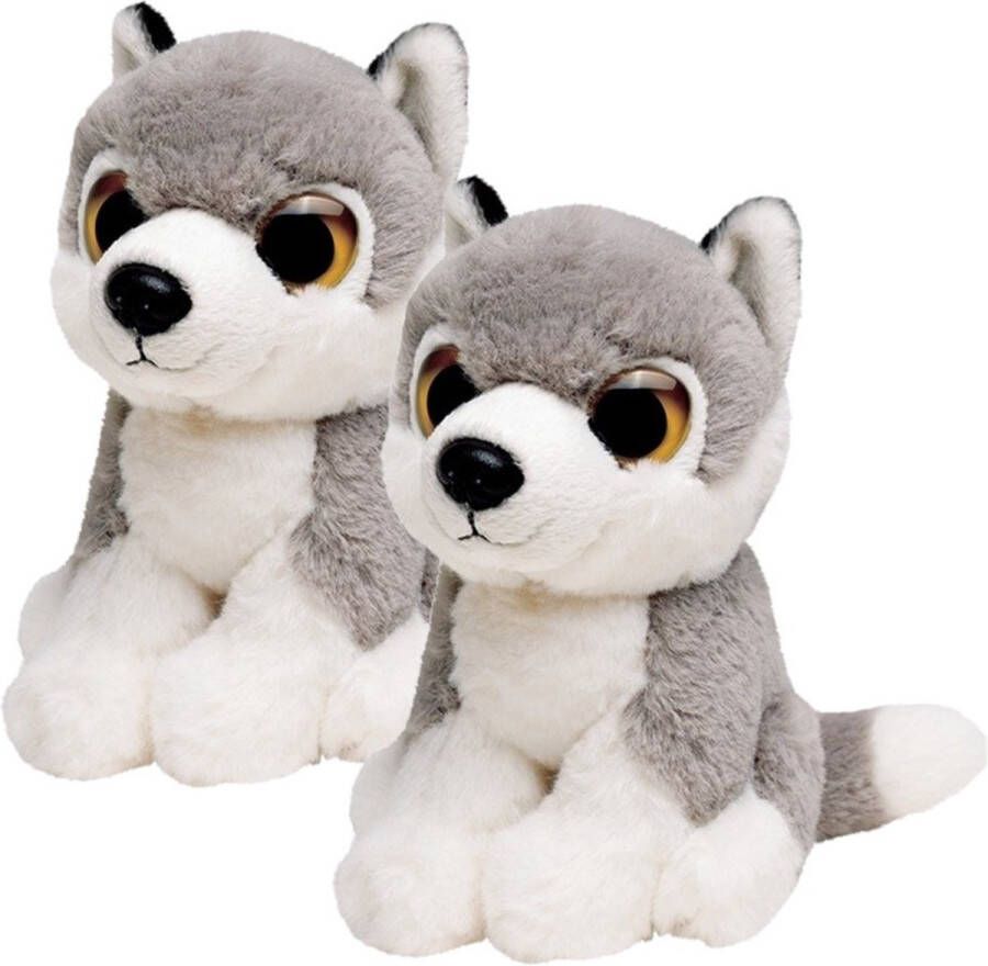 Nature planet 2x stuks pluche grijze wolf knuffel 13 cm Wolven wilde dieren knuffels Speelgoed voor kinderen