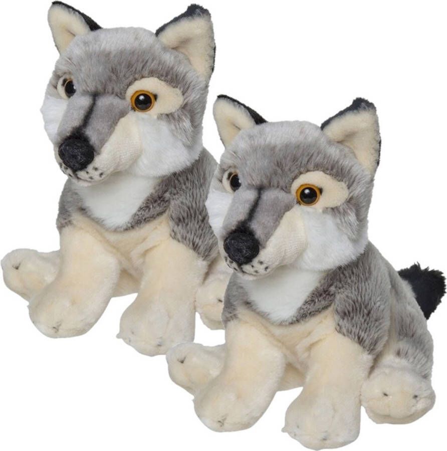 Nature planet 2x stuks pluche grijze wolf knuffel 22 cm Wolven wilde dieren knuffels Speelgoed voor kinderen