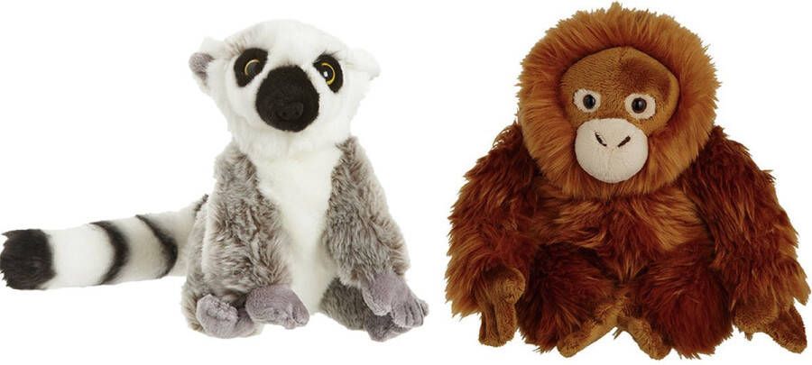 Nature Planet Apen serie zachte pluche knuffels 2x stuks Maki aap en Orang Utan aap van 18 cm Knuffeldier