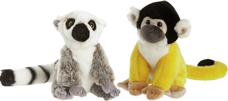 Nature Planet Apen serie zachte pluche knuffels 2x stuks Maki aap en Squirrel aap van 18 cm Knuffeldier