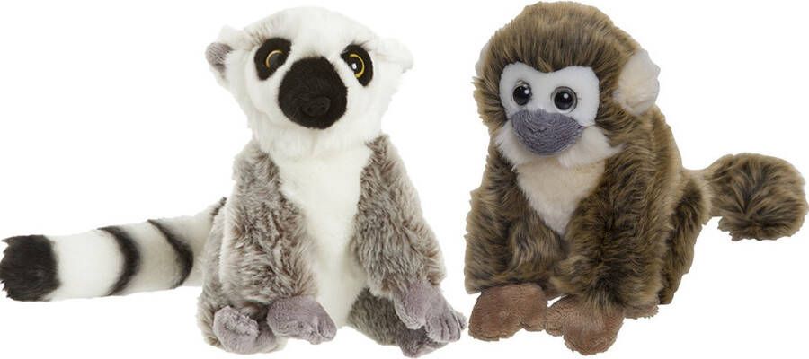 Nature Planet Apen serie zachte pluche knuffels 2x stuks Maki aap en Squirrel aap van 18 cm Knuffeldier