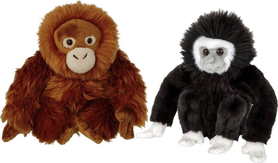 Nature Planet Apen serie zachte pluche knuffels 2x stuks Orang Utan en Gibbon Aapje van 18 cm Knuffeldier