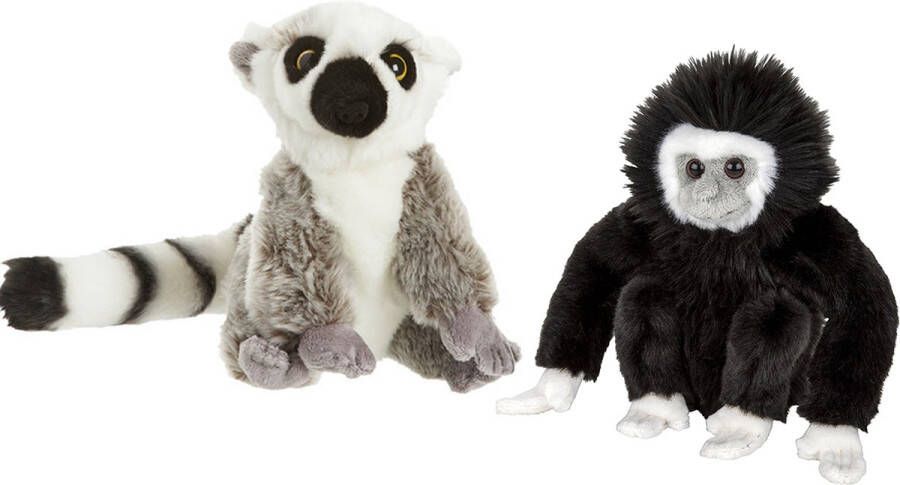 Nature Planet Apen serie zachte pluche knuffels 2x stuks Maki aap en Gibbon Aap van 18 cm Knuffeldier