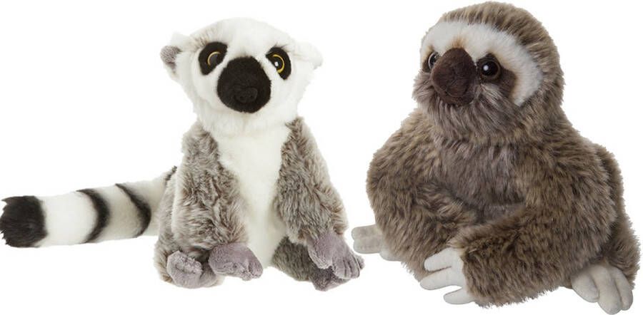 Nature Planet Apen serie zachte pluche knuffels 2x stuks Maki aap en Luiaard van 18 cm Knuffeldier