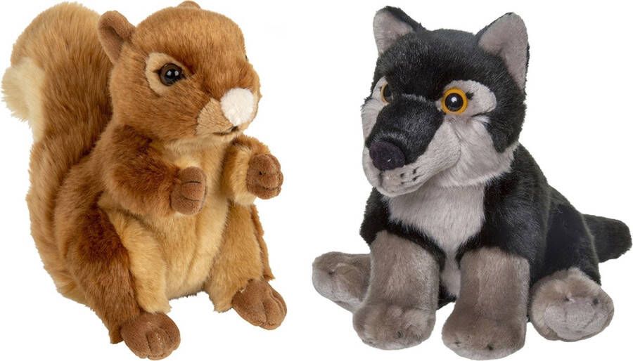 Nature Planet Bosdieren zachte pluche knuffels 2x stuks Eekhoorn en Grijze Wolf van 18 cm Knuffeldier