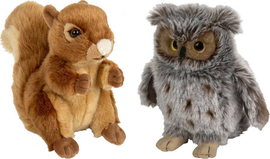 Nature Planet Bosdieren zachte pluche knuffels 2x stuks Eekhoorn en Uil van 18 cm Knuffeldier