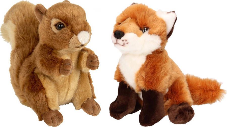 Nature Planet Bosdieren zachte pluche knuffels 2x stuks Eekhoorn en Vos van 18 cm Knuffeldier