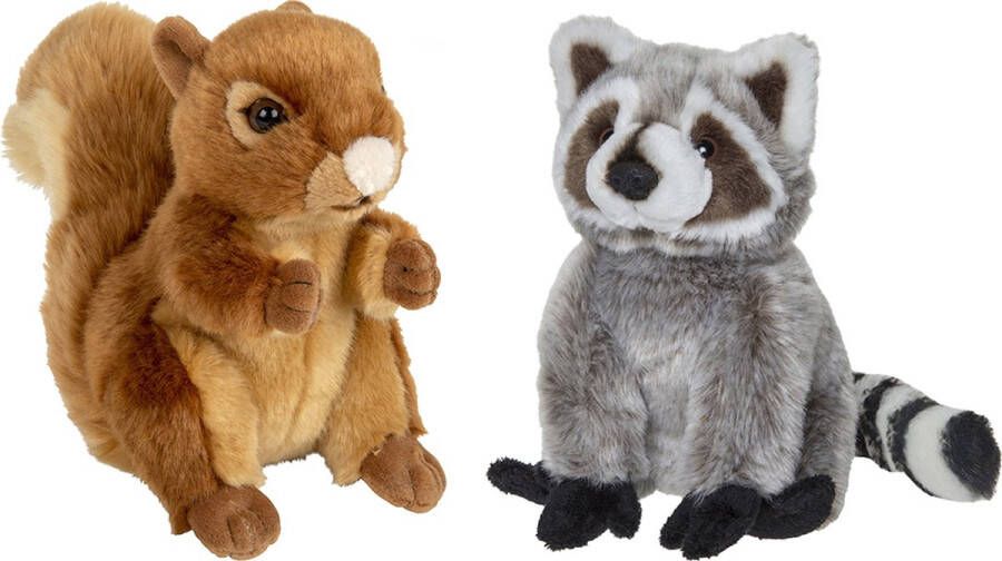 Nature Planet Bosdieren zachte pluche knuffels 2x stuks Eekhoorn en Wasbeer van 18 cm Knuffeldier