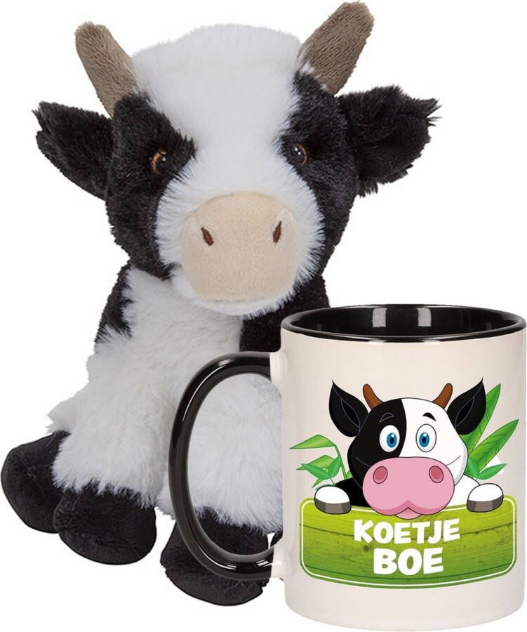 Nature Planet Cadeauset kind Koeien knuffel 19 cm en Drinkbeker mok Koe 300 ml Knuffel boederijdieren
